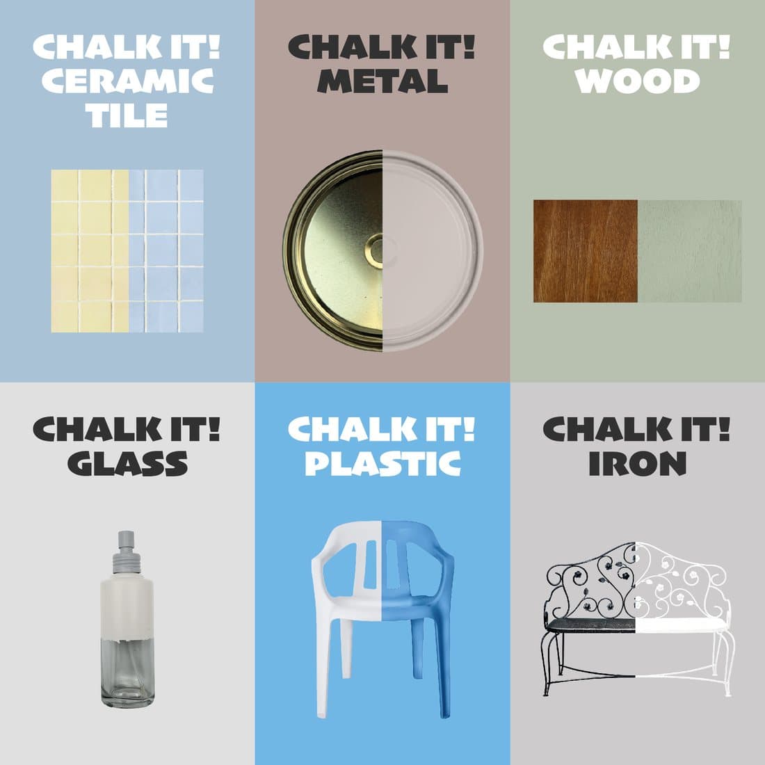 Chalk It! used on ceramic tile, metal, wood, glass, plastic and iron